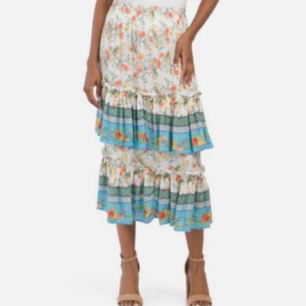 Rachel Ashwell Metallic Floral Tiered Ruffle Boho Cottage Skirt Size S